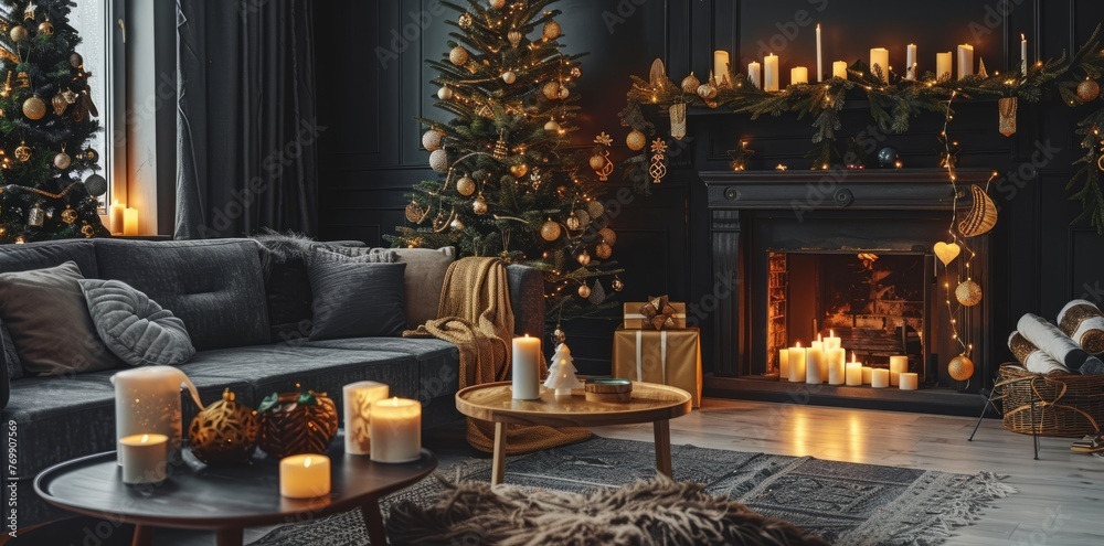 A cozy living room decorated for Christmas, with grey sofas and black walls, featuring warm lights from the fireplace
