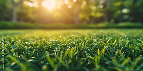 Close-up of a meticulously maintained green grass field ideal for nature backgrounds or stock photos. Concept Nature Photography, Green Grass Field, Stock Photos, Close-up Shots