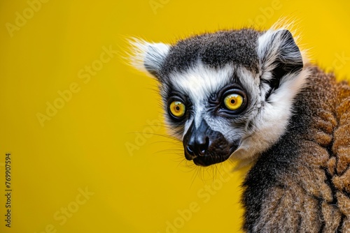 Cute portrait of black and white lemur on yellow background © Sohaib q