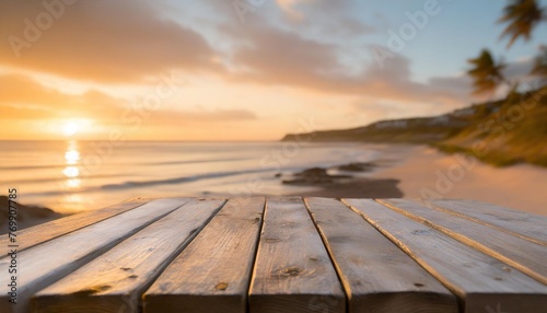 a beachy vibe old wooden table with a blurred coastal background