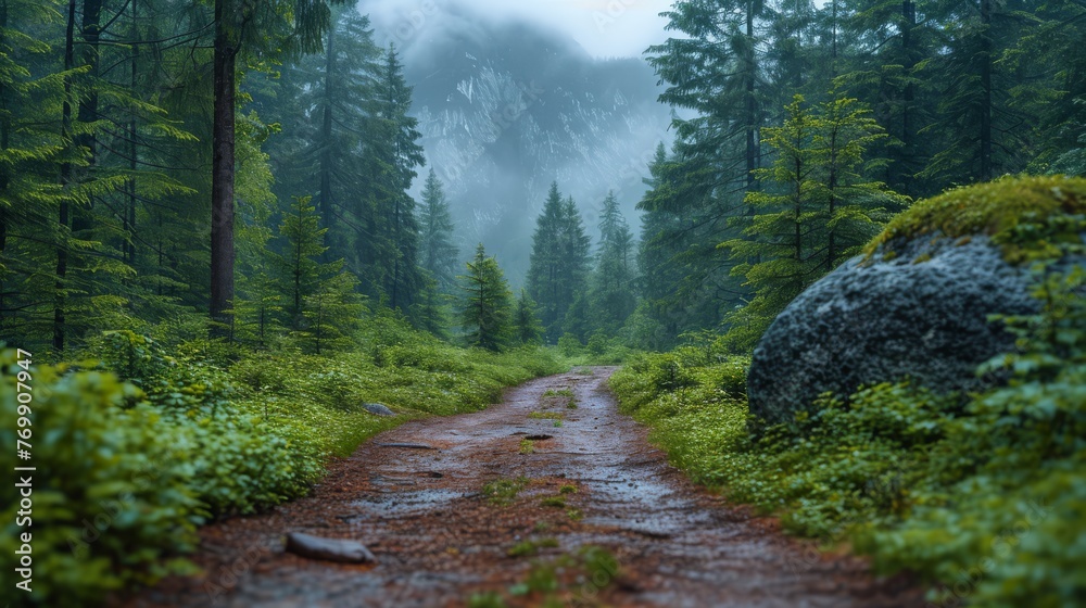 Misty Forest Trail in Lush Greenery
