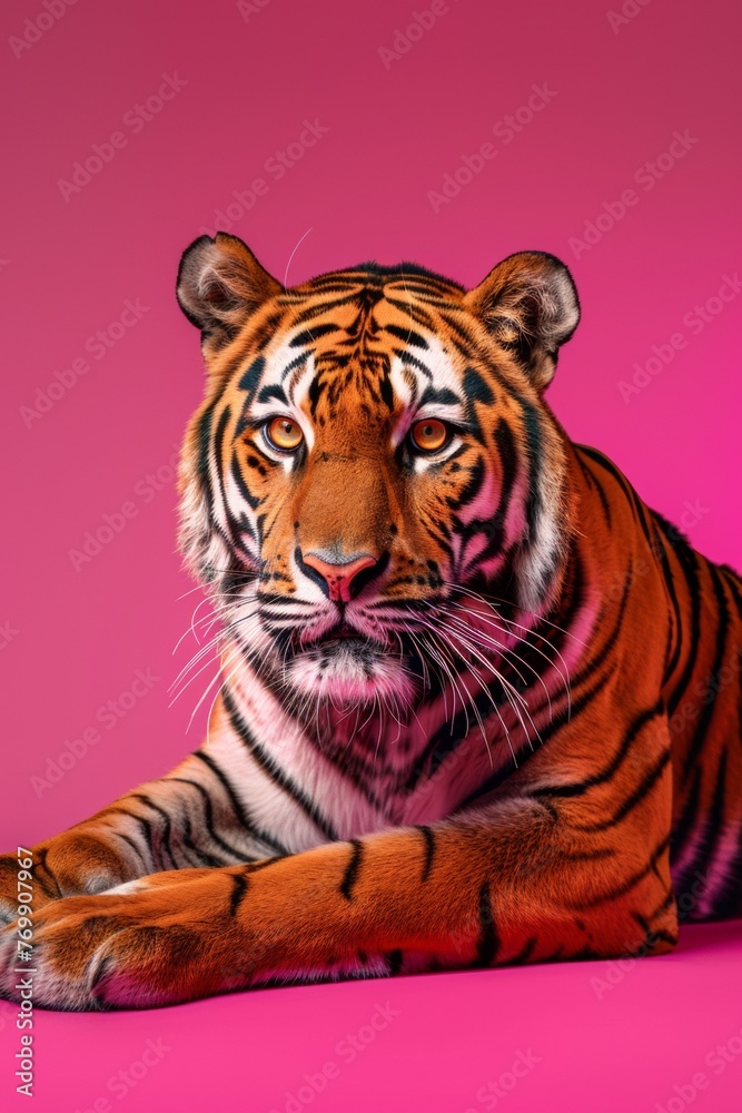 Fototapeta premium tiger in a sitting pose on pink background