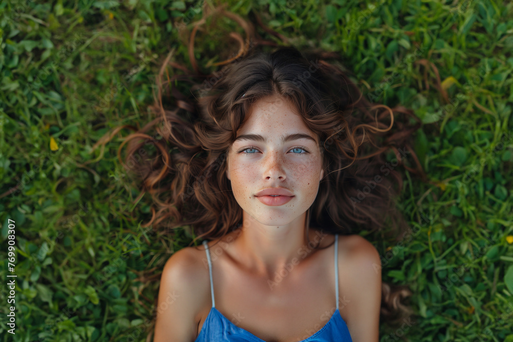 Beautiful young woman with very long volume shine natural healthy hair smiling lying on grass field on nature background top view hair products concept