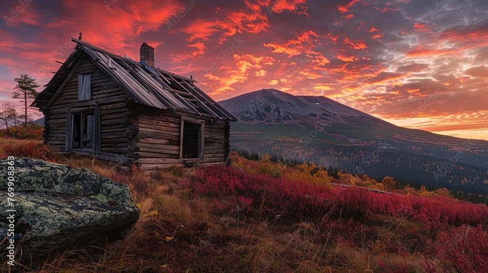 Fiery sunset skies crown an old wooden cabin, a forgotten relic framed by autumn's embrace.