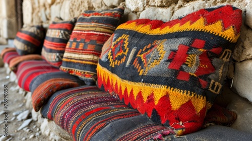 Handwoven Textiles on Rustic Background © Raad