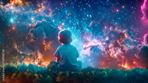 A happy amazed kid is sitting on the grass watching the sky full of stars,generative ai photo
