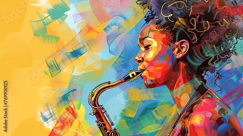 A woman artistically plays saxophone on a colorful abstract background. A vibrant jazz performance. Jazz Appreciation Month, Music Festival, Competition