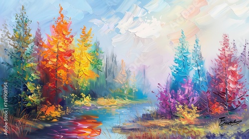 Oil painting landscape  colorful trees. Hand Painted Impressionist  outdoor landscape