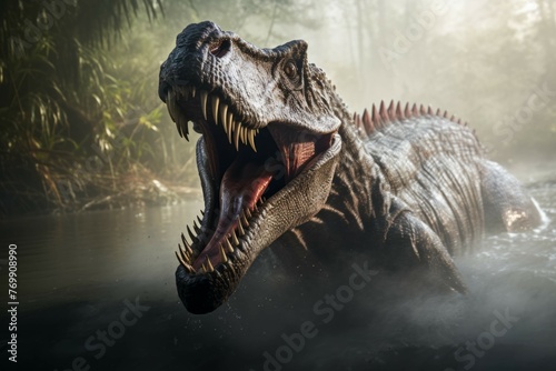 Spinosaurus emerging from a mist-covered swamp