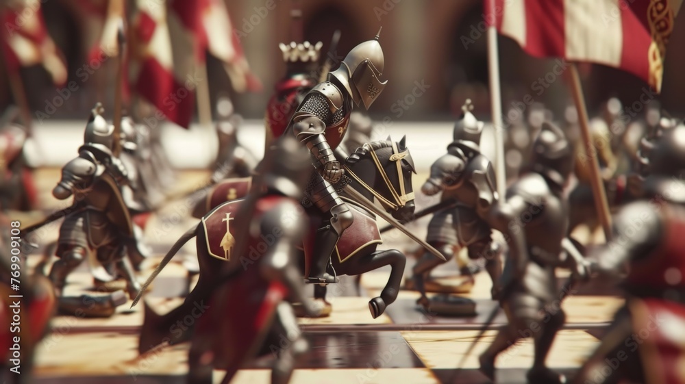 An evocative scene of a medieval battle playing out on a chessboard