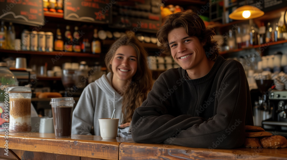 Teenage couple enjoying coffee together in a cozy cafe environment.