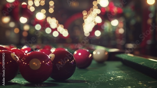 An immersive close-up of snooker balls and cues on the table photo