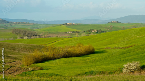 Panorama collinare della Val d'Orcia lungo il percorso ciclistico dell'Eroica. Provincia di Siena. Toscana , Italia 