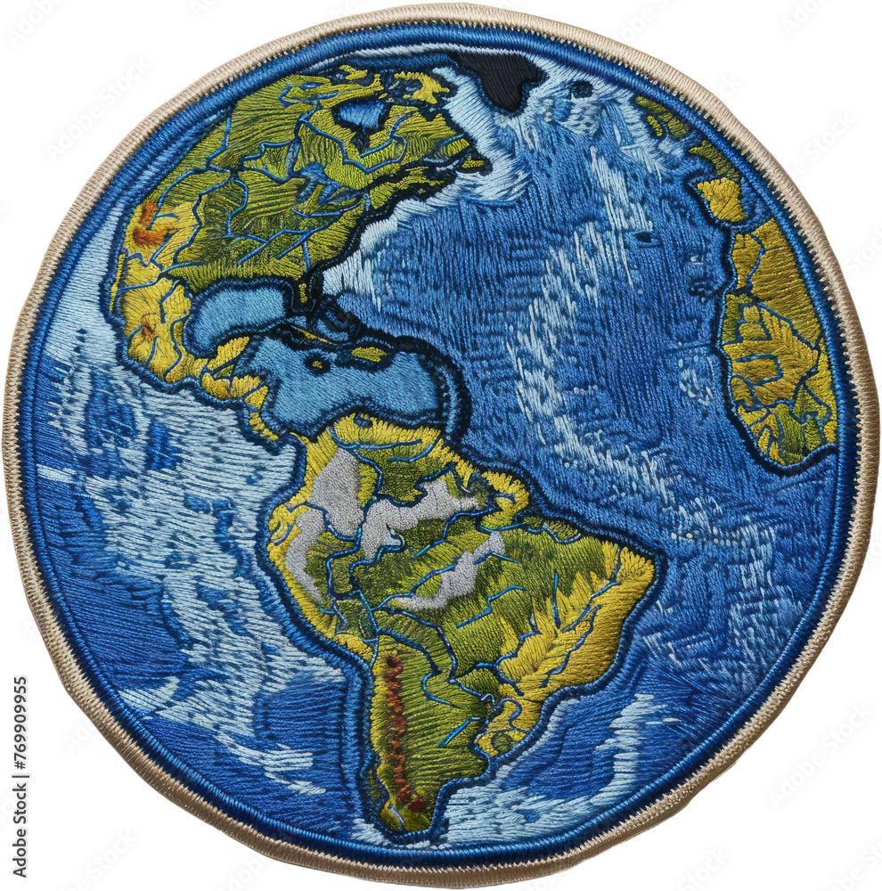 Embroidered planet earth with detailed continents and oceans
