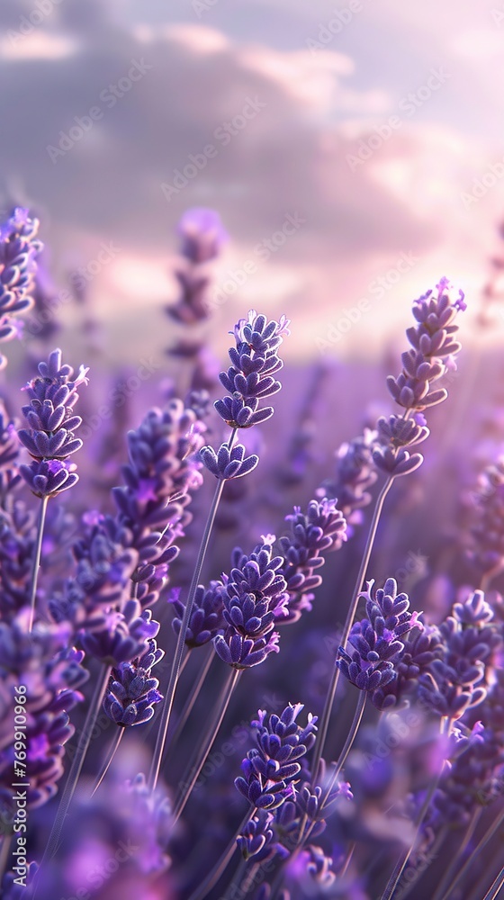 Fototapeta premium Sunlit lavender fields at dusk, soft purples, low angle, dreamy ambiance, high clarity 