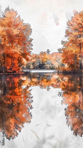 Serene lake surrounded by autumn trees, calm water, high angle, watercolor style 