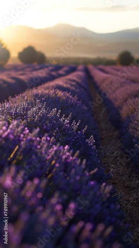 Sunlit lavender fields at dusk, soft purples, low angle, dreamy ambiance, high clarity 