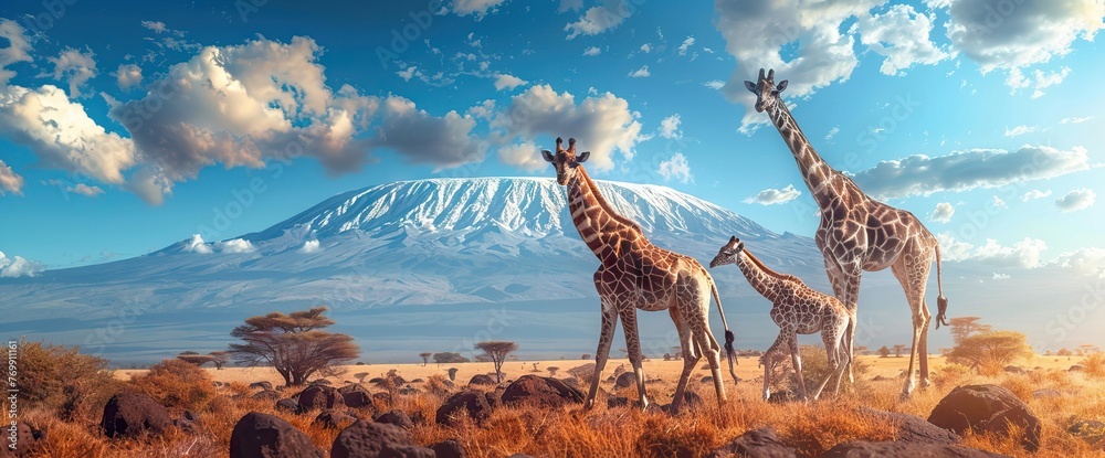 Wild african giraffe on Kilimanjaro mount background. National park of Kenya, Africa. AI generated illustration - obrazy, fototapety, plakaty 