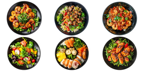 Set of various delicious food in black dishes isolated on transparent background, Top view of various menu served on plates.