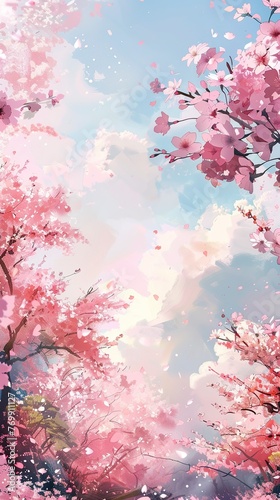 Blooming cherry blossoms  soft pink  sunny day  low angle  watercolor effect  high detail