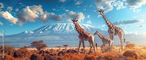 Wild african giraffe on Kilimanjaro mount background. National park of Kenya, Africa. AI generated illustration photo