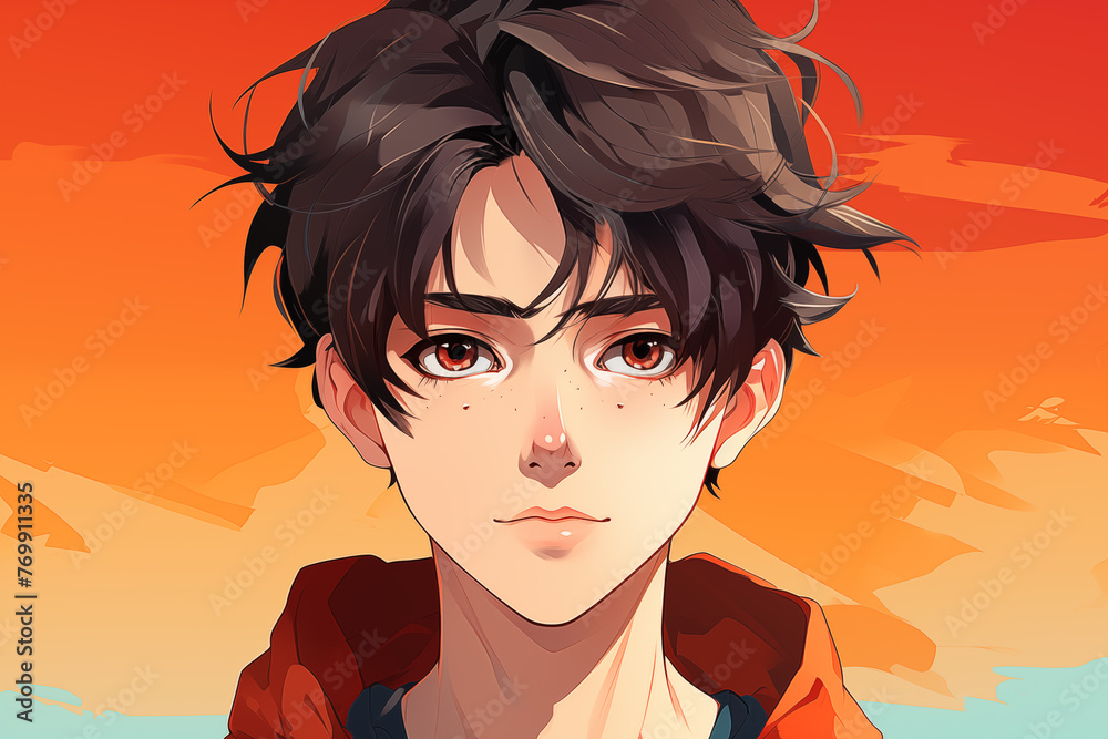 Fototapeta premium Cartoon anime men portrait. Cute comic male character, anime kawaii boy face with big eyes in manga style. Flat modern illustration