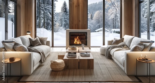 A cozy living room with comfortable sofas, a wooden coffee table in front of the fireplace and snow outside the window © Chand Abdurrafy