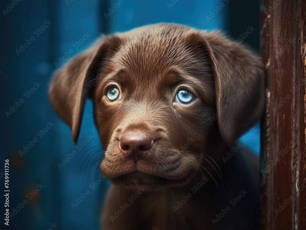 Chocolate Labrador Retriever puppy with blue eyes looking out from behind door Chocolate Labrador Retriever puppy with blue eyes looking out from behind door