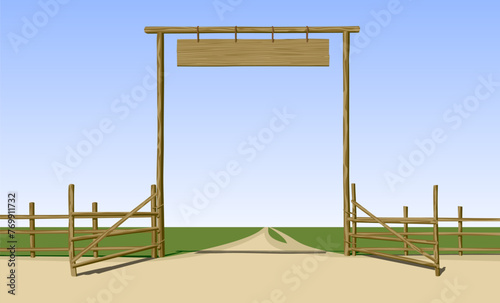 Open the old wooden gate of the farm of the American Wild West with a hanging sign and a fence against the background of the sunlit summer landscape. Vector illustration © Raman Maisei