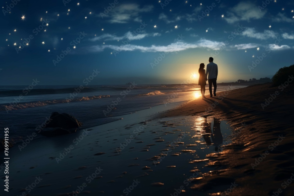 Couple on a candlelit beach stroll - obrazy, fototapety, plakaty 