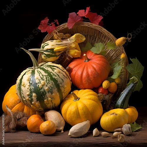 Autumn still life with pumpkins and autumn leaves on a black background photo