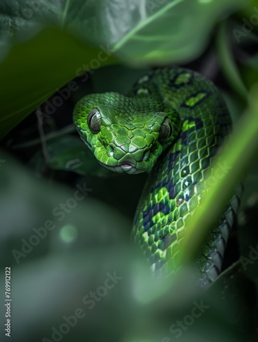 A vivid green snake camouflaged perfectly amongst lush tropical foliage, exemplifying nature's adaptation and beauty.