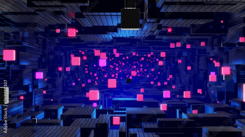 Tunnel with neon light. Sci-fi bg fly through tech digital space. Concept of hi-tech information flow, blockchain. 3d looped bg motion design, cubes and frames, constructions. Dark dynamic bg