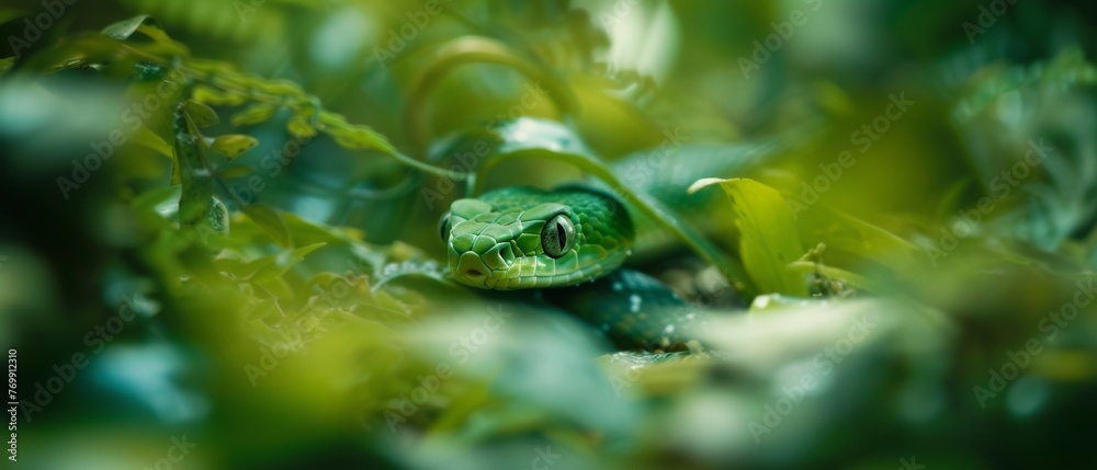 A vivid green snake peers out from its leafy camouflage, its scales glistening with droplets of moisture in the diffused sunlight. A vivid green snake peers out from its leafy camouflage, its scales glistening with droplets of moisture in the diffused sunlight.