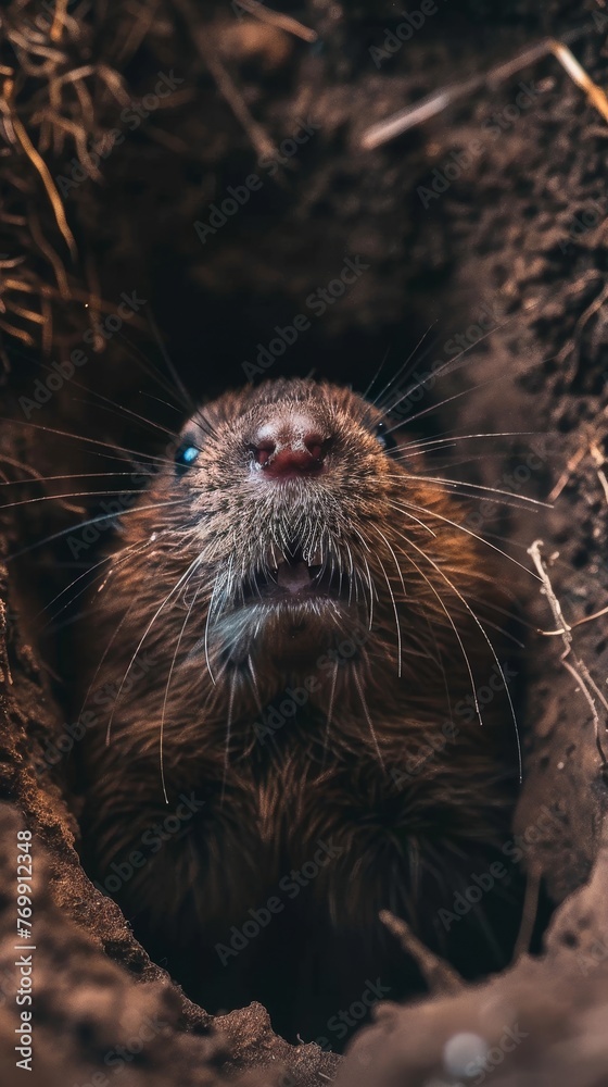An adorable rodent peeks from its earthy burrow, whiskers dusted with soil, eyes full of curious wonder at the world above. An adorable rodent peeks from its earthy burrow, whiskers dusted with soil, eyes full of curious wonder at the world above.