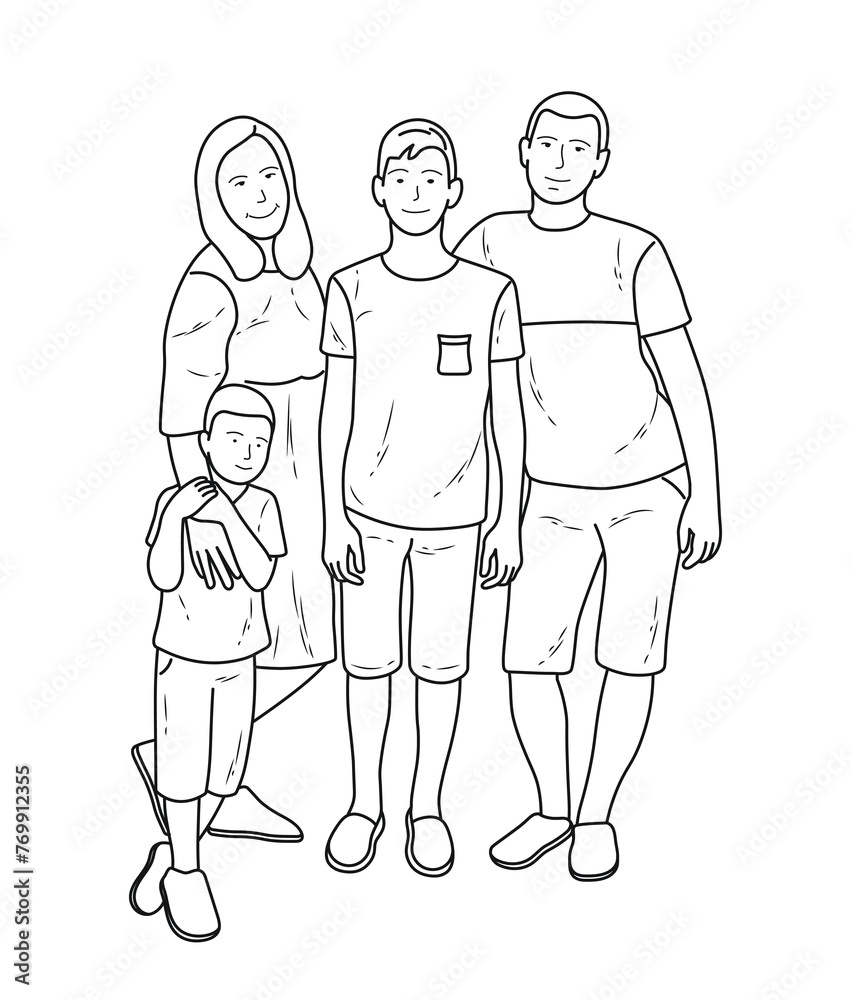 Sketch family posing. Dad, mom, sons, isolated vector Sketch family posing. Dad, mom, sons, isolated vector