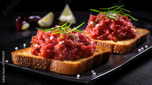 Beef tartare with onion and rosemary on toasted bread photo