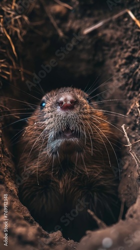 An adorable rodent peeks from its earthy burrow, whiskers dusted with soil, eyes full of curious wonder at the world above.