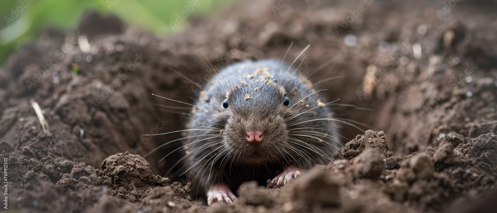 Peeking through its freshly dug burrow, a rat whispers secrets of the soil, eyes sharp and whiskers tinged with earth. Peeking through its freshly dug burrow, a rat whispers secrets of the soil, eyes sharp and whiskers tinged with earth.