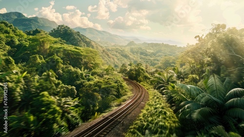 A train is traveling through a lush green jungle. The train is surrounded by trees and the sky is cloudy