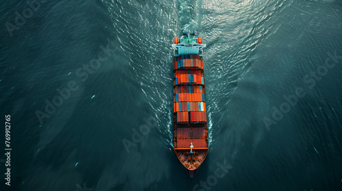 Aerial view from drone, Container ship or cargo shipping business logistic import and export, cargo container ship, Container Ship, Container Cargo Ship, ship in open sea, Generative Ai
