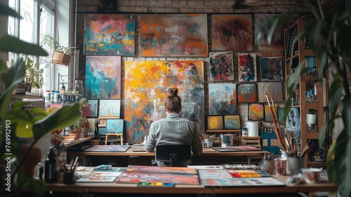 Art studio with an artist surrounded by canvases, paint, and creative tools.