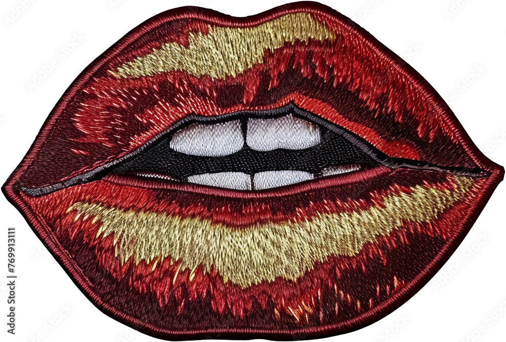 Embroidered patch of red lips in pop art style cut out on transparent background Embroidered patch of red lips in pop art style cut out on transparent background