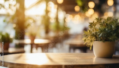 empty abstract blurred bokeh background of modern cafe or restaurant with potted green plants can be used for display products mock up with copy space