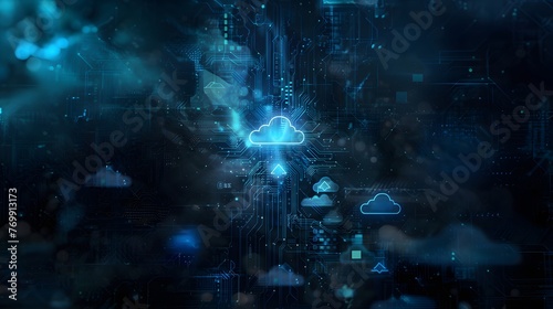 A computer screen with a cloud and other icons. Scene is futuristic and technological
