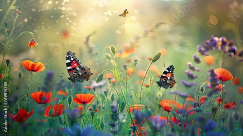 Two butterflies are flying in a field of flowers. The butterflies are surrounded by a variety of flowers  including red and purple ones. The scene is peaceful and serene