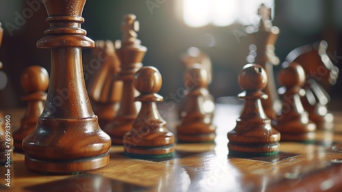 Experience the magic of chess with a lifelike image of wooden chess pieces poised for action on a board
