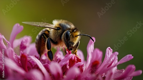 bee on pink flower. a bee is sitting on a pink flower, a macro photography. © Icon