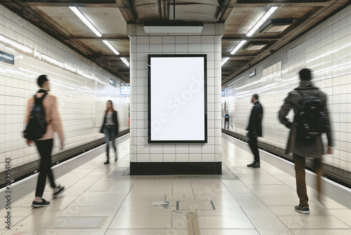  Blank billboard mock up in a subway station with walking people, underground interior. Urban light box inside advertisement metro vertical photo