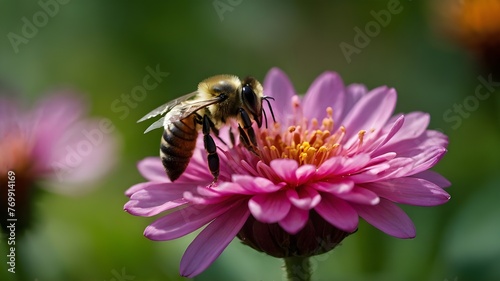 bee on pink flower. a bee is sitting on a pink flower, a macro photography.